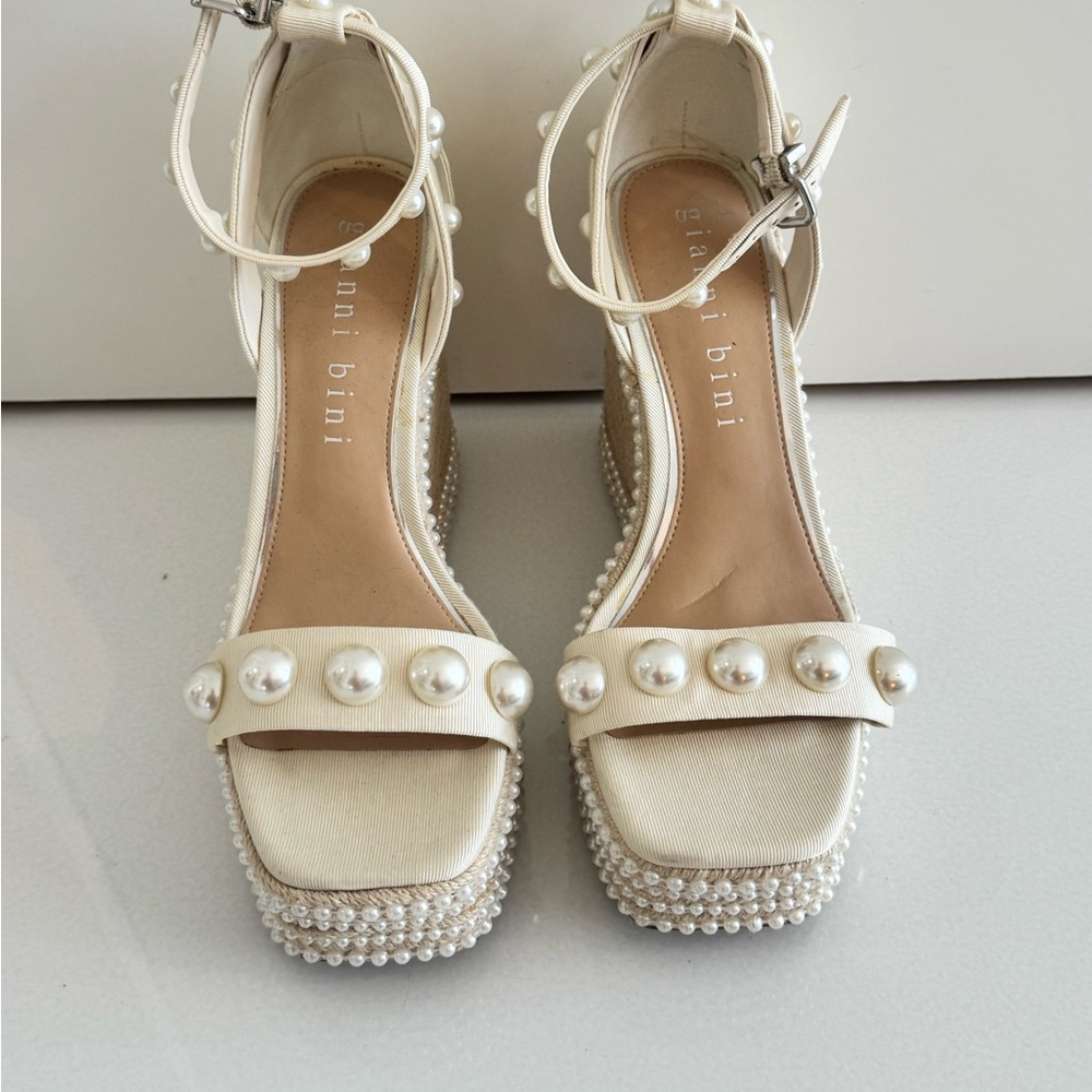 Gianni Bini Cream Platform Shoes with Pearl Embellishments